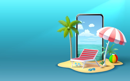 Summer time banner phone, season party bar app, tropical fruity. Vector illustration