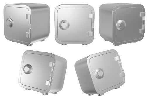 Closed cartoon safe set. Isolated metal safes in different angles. 3D rendering
