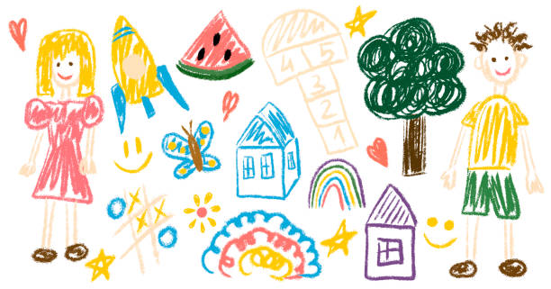 istock Kids chalk drawings big set. Collection freehand child baby drawn elements: tree, boy, girl, fruit, rainbow, flower, rocket. Hand drawing scribble. Vector illustration isolated on white background 2150057644