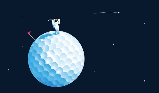 Astronaut playing golf in outer space. Creativity, success, dream concept. Vector illustration.
