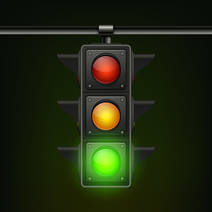 Vector Realistic Hanging Traffic Signal with Green Light. Traffic Light with Glowing Green Prohibiting Signal Isolated on Black Background.