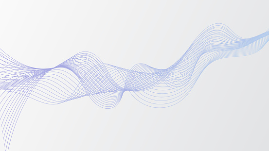 Abstract blue and purple smooth flowing wave lines on a white background. Dynamic sound wave element design.