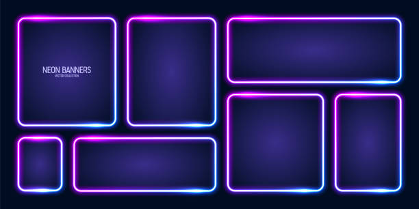 leuchtende neonbanner, beleuchtete bunte quadratische rahmen. glänzender, lebendiger rand, leuchteffekt. blaue vintage-retro-lichter, nachtbeleuchtung. moderne, futuristische ui-designelemente. vektor-illustration - neon stock-grafiken, -clipart, -cartoons und -symbole