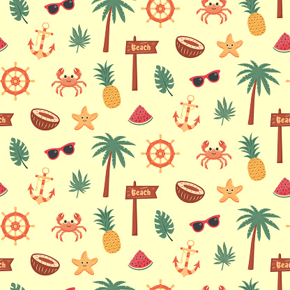 Tropical summer beach seamless pattern. Summertime, vacation, travel concept.