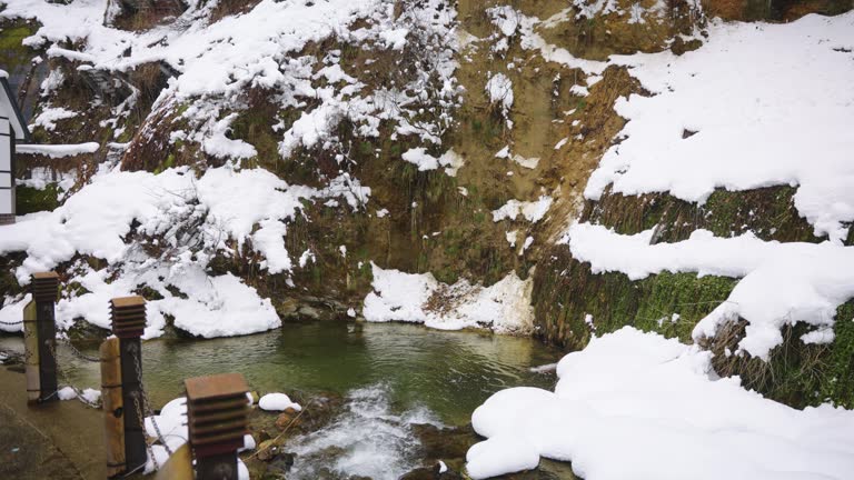Mountain River running through Ginzan Onsen, Winter Scene in Japan