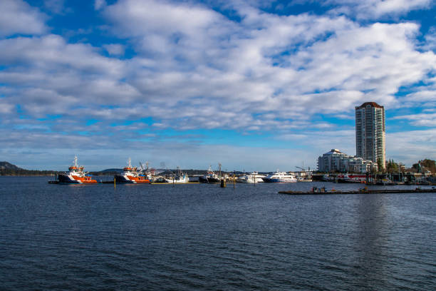 Beautiful Nanaimo city skyline. Multi-storey buildings and a marina for boats and yachts in the bay against the background of a blue cloudy sky