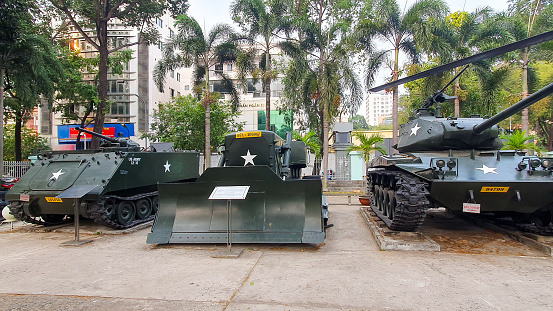 Ho Chi Minh City, Vietnam - ‎‎‎‎‎‎‎April 10, 2023 : Armoured Fighting Vehicles On Exhibition At War Remnants Museum. War Remnants Museum Is One Of The Most Famous Museums In Vietnam.
