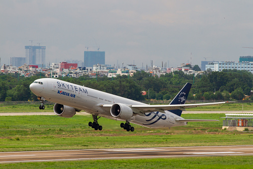 Ho Chi Minh City, Vietnam - ‎‎‎May 1, 2022 : A Boeing 777-3B5ER Airplane Of Korean Air (Reg HL7783) SkyTeam Livery Taking Off From Tan Son Nhat International Airport.