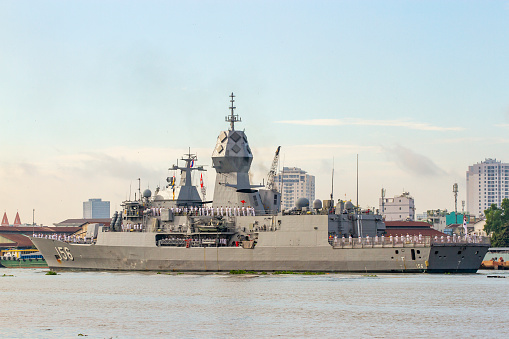 Ho Chi Minh City, Vietnam - October 17, 2023 : HMAS Toowoomba (FFH 156) Frigate Of Royal Australian Navy Moving On River.