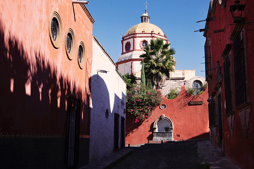 A view from Aldama st of the back side of the famous Cathedral, the Paroqquia, in the central part of San Miguel de Allende, a world famous and very popular tourist destination in mexico