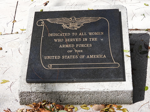 Boca Raton, Palm Beach County, Florida, USA, April 24, 2024.  In a public park, a memorial plaque is \