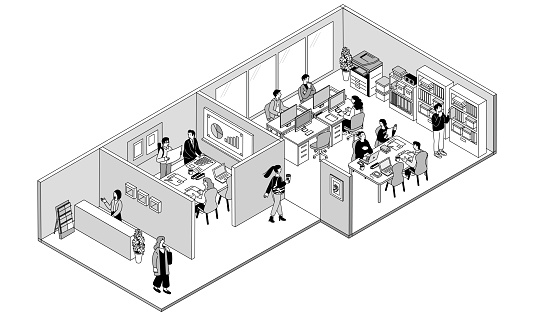 Isometric composition office illustration of people having meetings and desk work