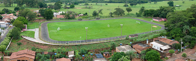 Cassilandia, Mato Grosso do Sul, Brazil - 04 12 2024: Aerial image of the multi-sport municipal stadium of cassilandia