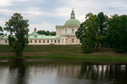 The Great (Menshikov) Palace from the side of the Lower Pond in the Oranienbaum Palace and Park Ensemble on a sunny summer day, Lomonosov, St. Petersburg, Russia