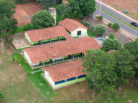 Itaja, Goias, Brazil - 04 13 2024: aerial image of the Anhanguera Municipal School in Itaja