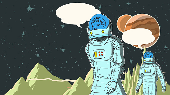 A retro pop art style vector illustration of two  astronauts having conversation while exploring outer space and watching planets in awe. Speech bubble available for your speech. Perfect for a meme.