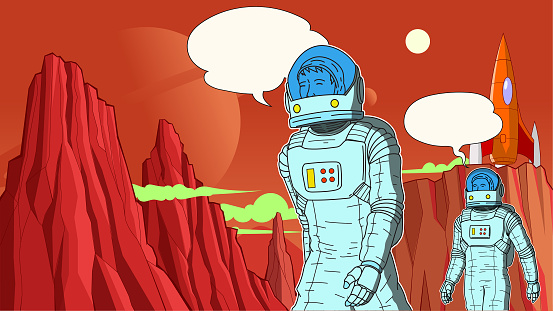 A retro pop art style vector illustration of two  astronauts having conversation while exploring outer space and watching planets in awe. Speech bubble available for your speech. Perfect for a meme.
