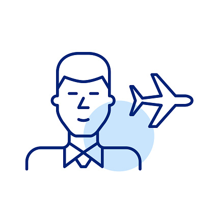Smartly dressed man in shirt and tie and airplane silhouette. Business trip. Pixel perfect, editable stroke vector icon