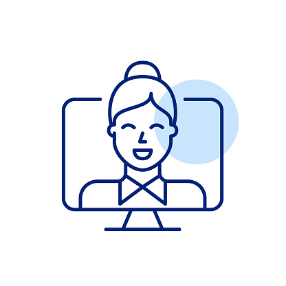 Smartly dressed woman with tie. Remote job interview through video call. Pixel perfect, editable stroke vector icon