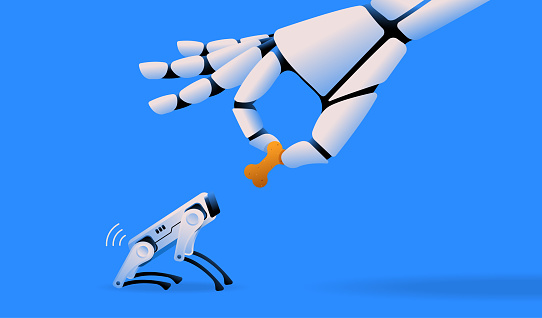 Robotic hand giving a cookie to robotic dog. Ai education, machine learning funny concept. Vector illustrtion.