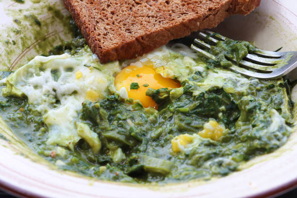 Stock photo showing a white bowl containing a Mediterranean healthy breakfast of spinach shakshouka / shakshuka / chakchouka. The recipe consists of egg poached, onion, jalapeño and garlic in savoury spinach sauce spiced with coriander and cinnamon, served with a slice of wholemeal toasted bread. imagen de primer plano del desayuno saludable mediterráneo de espinacas shakshouka / shakshuka / chakchouka en tazón blanco con tostadas integrales, huevo escalfado en salsa de espinacas, cebolla, jalapeño y ajo, tenedor de metal, vista elevada, enfoque