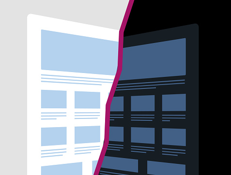 Dark Mode vs Light Mode comparison. User interface preferences, dark and light themes and display settings, visual preferences in web design trends. Vector illustration.