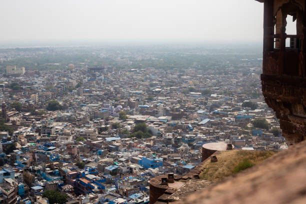 Jodhpur, Rajasthan, India - October 31st 2023: Aerial high angle view of Jodhpur city of Rajasthan from Mehrangarh Fort