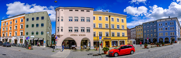 Rosenheim, Germany - April 16: beautiful historic buildings and shops in the old town of Rosenheim on April 16, 2024