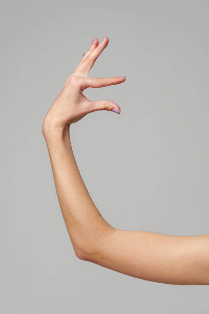 istock Female hand sign against gray background in studio 2150083833
