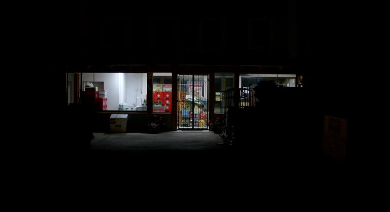 Abandoned supermarket at night in neon light