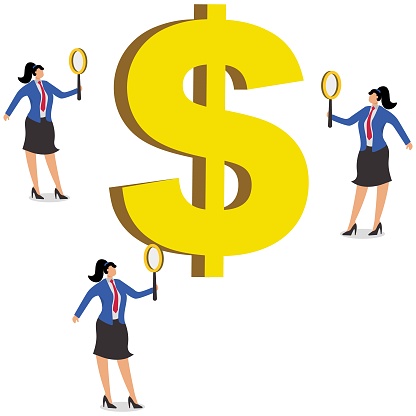 Three businesswomen manager holding magnifying glass observing dollar sign, business concept illustration
