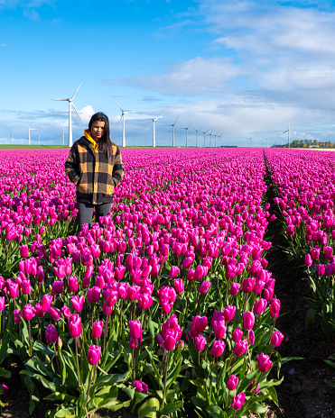 An Asian woman is standing gracefully in a vast field of vibrant purple tulips, embracing the beauty of nature in full bloom.