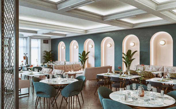 Large mid century styled restaurant / bar with tables and chairs, stools, benches, ceiling moldings and windows with white curtains in the background, on parquet floor, vintage effect on a 3D image