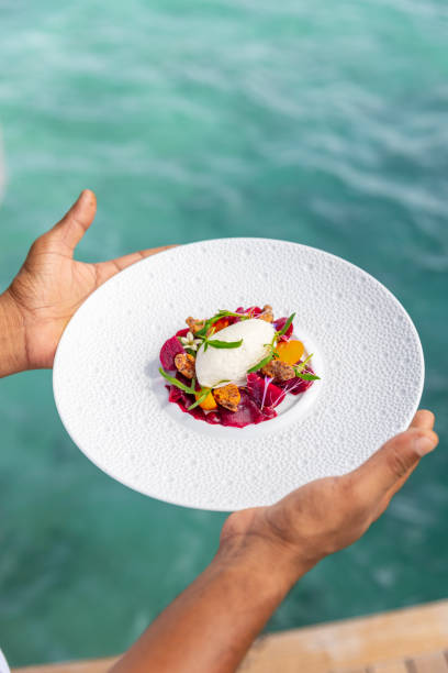 istock Gourmet appetizer dish with beetroot vegetables and whipped goat cheese  in Maldives Fine Dining Restaurant with plate by the sea 2150090770