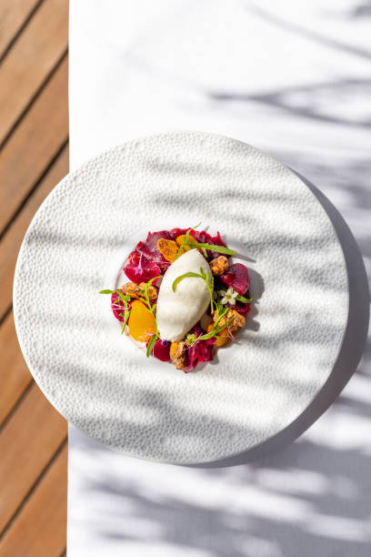 istock Gourmet appetizer dish with beetroot vegetables and whipped goat cheese  in Maldives Fine Dining Restaurant with plate by the sea 2150090867