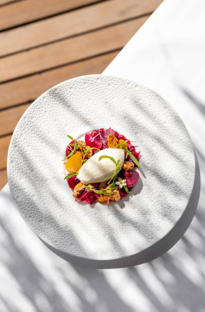 istock Gourmet appetizer dish with beetroot vegetables and whipped goat cheese  in Maldives Fine Dining Restaurant with plate by the sea 2150090868