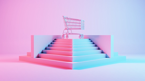This 3D render showcases a shopping cart positioned on a podium, symbolizing its significance and prominence in the realm of e-commerce