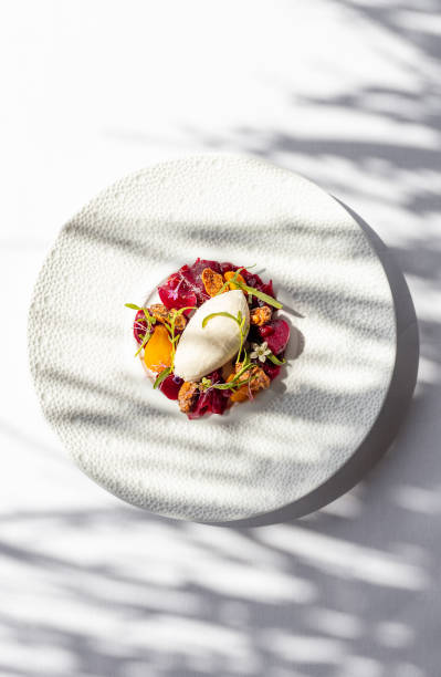 istock Gourmet appetizer dish with beetroot vegetables and whipped goat cheese  in Maldives Fine Dining Restaurant with plate by the sea 2150090976