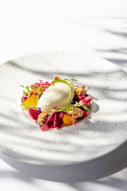 istock Gourmet appetizer dish with beetroot vegetables and whipped goat cheese  in Maldives Fine Dining Restaurant with plate by the sea 2150090980