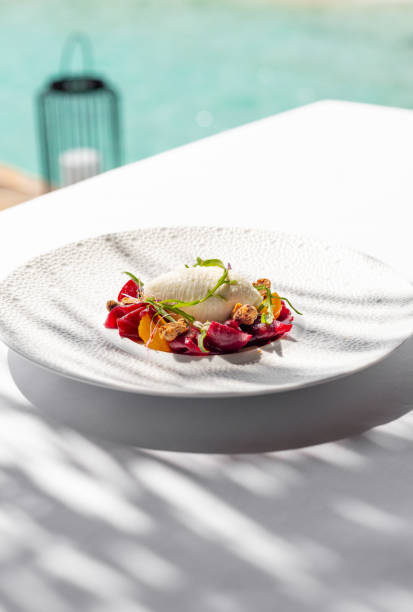 istock Gourmet appetizer dish with beetroot vegetables and whipped goat cheese  in Maldives Fine Dining Restaurant with plate by the sea 2150090982