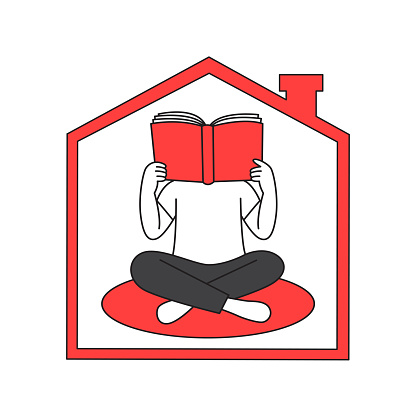 The man sitting at home in a meditation pose and reading a book. Minimalist hand-drawn vector illustration isolated on white background. Line art for social media, poster, advert, or print.
