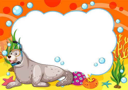 Cartoon seal with bubbles and colorful underwater scene.