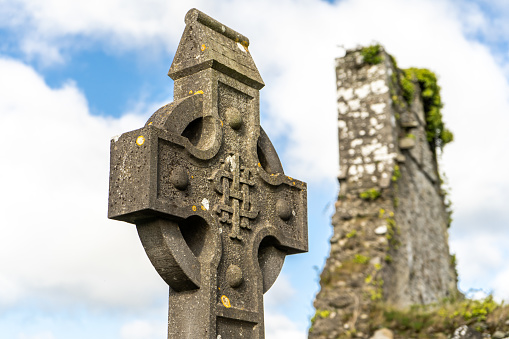 Old Irish traditional Celtic cross with relief ornament