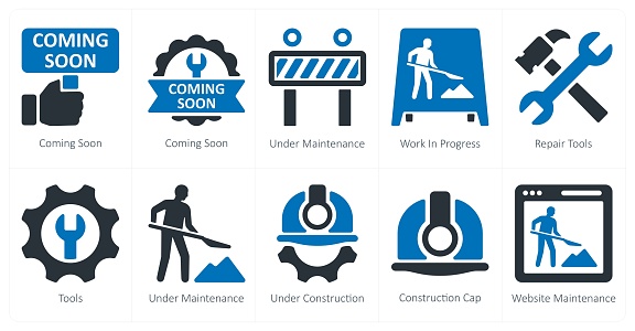 These are beautiful handcrafted pixel perfect black and blue filled under construction icons