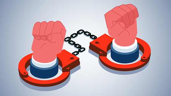 Hands in handcuffs, arresting criminals, law and justice, punishment and sanction, isometric hands locked inside handcuffs