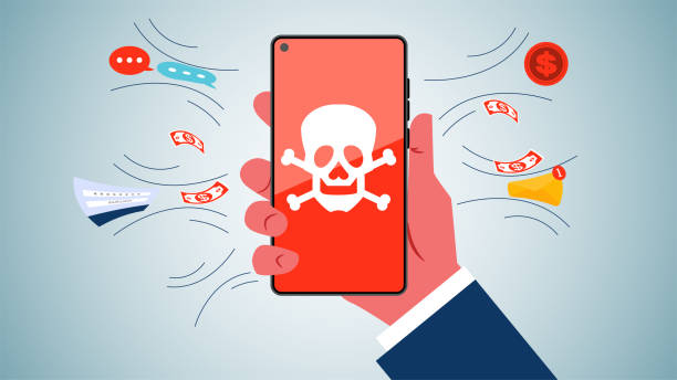 istock Toxic smartphones, cyber security, online theft of user privacy, personal information, hands holding a cell phone with a skull logo on the screen to attract money around, email messages, personal private files 2150094603
