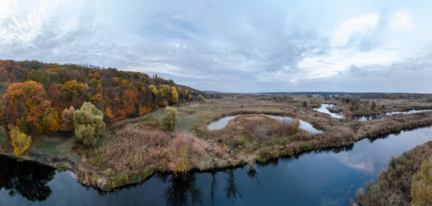 istock Aerial panorama on river in autumn valley 2150095022