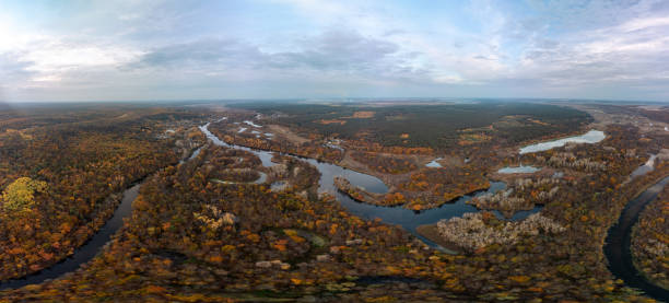 istock Autumn aerial river valley panorama in Ukraine 2150095047