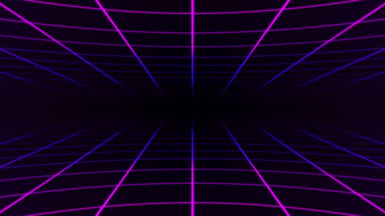 Abstract animation of a retro synthesizer checkered grid, 3d rendering. Looping design of a square motion grid with particles flying onto the screen. 3D rendering. 4k animation.