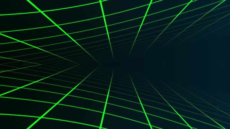 Abstract animation of a retro synthesizer checkered grid, 3d rendering. Looping design of a square motion grid with particles flying onto the screen. 3D rendering. 4k animation.